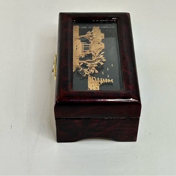 Oriental Hand Carved Pagoda Diorama Cork Art Wooden Trinket Jewelry Box Glass - Picture 9 of 9